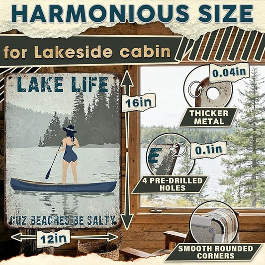 Lake Life Decor Tin Sign - Rustic Metal Wall Art for Cabin, Lakehouse & Porch - Weatherproof 12x16 Inches