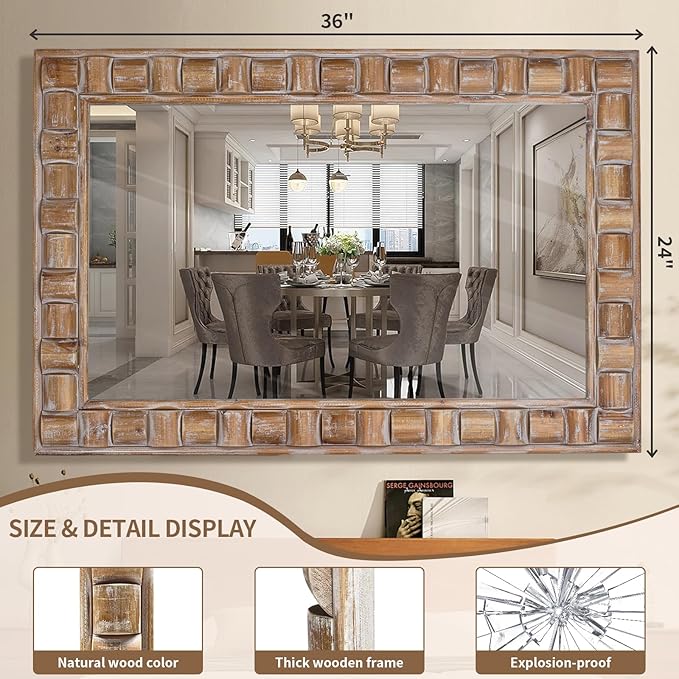 36x24 Inch Rustic Rectangle Wall Mirror - Solid Wood Frame Bathroom Vanity Mirror for Over Sink, Entryway, Living Room & Bedroom