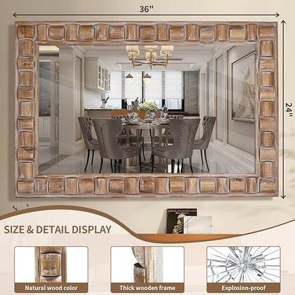 36x24 Inch Rustic Rectangle Wall Mirror - Solid Wood Frame Bathroom Vanity Mirror for Over Sink, Entryway, Living Room & Bedroom