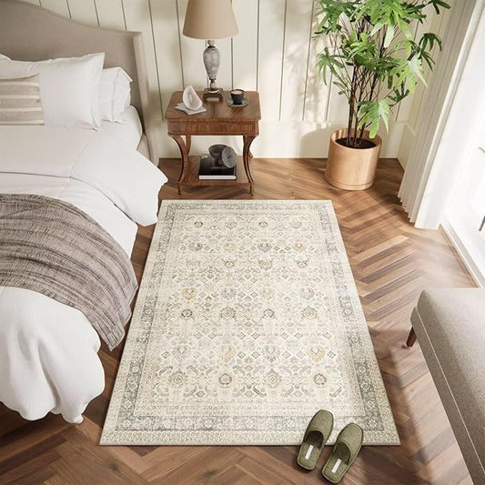Washable 2x3 Entryway Rug, Boho Non-Slip Door Mat Vintage Distress Small Rugs for Kitchen Nursery Office Bedroom, 0.3" Neutral Oriental Throw Carpet with Cushioning Pad, Grey/Beige/Multi, C2