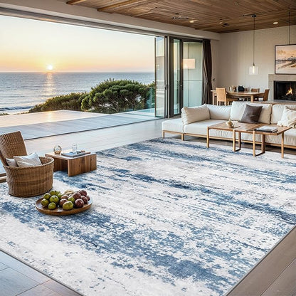 Area Rugs 10x12 Living Room - Washable Rug Modern Abstract Soft Large Neutral Non-Slip Carpet Indoor Floor Thin Carpets for Bedroom Dining Room Farmhouse Nursery Home Office White Blue Grey