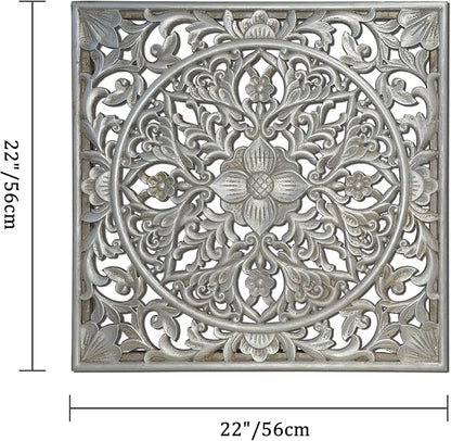 XIAOAIKA Boho Carved Wood Wall Sculpture, Intricate Floral Mandala Design with Distressed Silver Finish, Vintage Farmhouse Wall Art Panel with Solid Wood Frame for Bedroom Entryway (22" x 22")