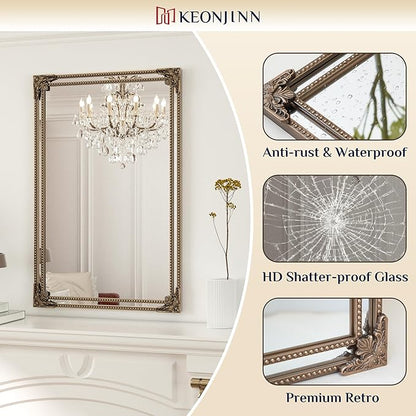 Keonjinn Gold Vintage Mirror 48 x 24 Inch, Antique Mirrors Rectangle, Traditional Mantel Decoration, Baroque Style Wall Decor for Hallway, Fireplace, Entryway, Living Room, Anti-Rust, Waterproof