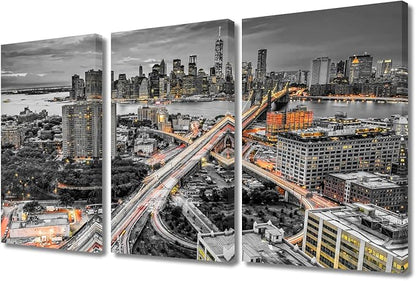3 Panel Brooke Bridge, Manhattan, New York Cityscape Wall Decor Skyscrapers City Skyline Wall Decor for Bedroom Giclee Wooden Framed Gallery-Wrapped Ready to Hang (36" Wx24 H)