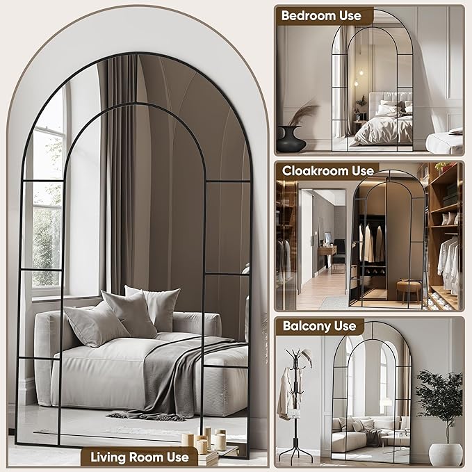 Antok 81" x 41" Full Length Mirror, Floor Mirror Arched Window Decorative Mirror, Metal Framed Decor Farmhouse Floor Mirrors Art Pane Mirrors Wall Decor for Bedroom, Living Room, Entryway Black