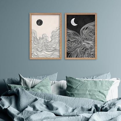 SRSZHIYUE Minimalist Black and White Sun Moon Abstract Sign Boho Wall Decor 24x16 Inch Small 2 Pieces Modern Artwork Painting Century for Bedroom Above Bed Living Room Wall Art HangIing(Wood)
