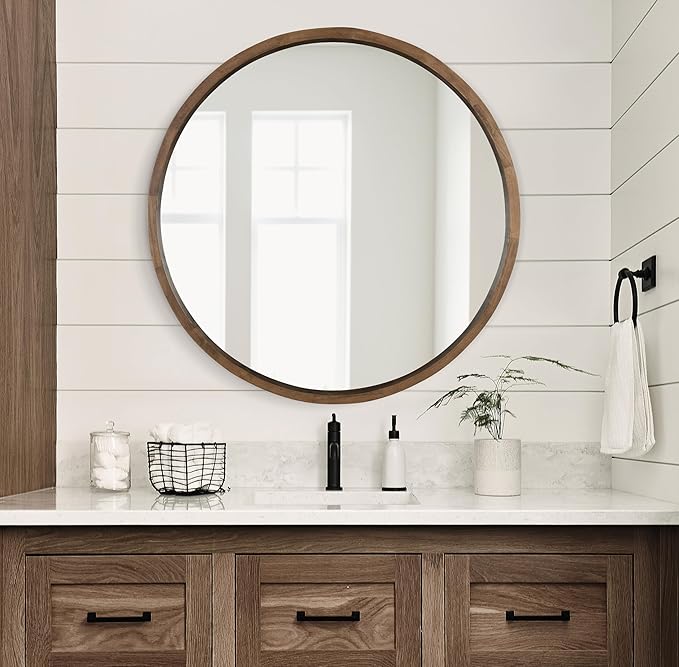 Kate and Laurel Hutton Round Decorative Wood Frame Wall Mirror, 30 Inch Diameter, Natural Rustic