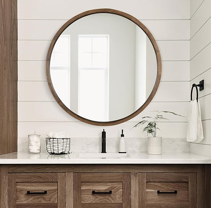 Kate and Laurel Hutton Round Decorative Wood Frame Wall Mirror, 30 Inch Diameter, Natural Rustic