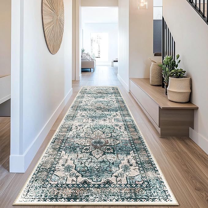 BESTSWEETIE 2x8 Area Rug Washable Rugs for Living Room, No Pile Boho Carpet for Entryway Bedroom Dinning Room, Vintage Carpet Print Distressed Non-Slip, 2 x 8 ft, Green