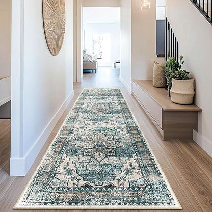 BESTSWEETIE 2x8 Area Rug Washable Rugs for Living Room, No Pile Boho Carpet for Entryway Bedroom Dinning Room, Vintage Carpet Print Distressed Non-Slip, 2 x 8 ft, Green