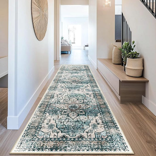 BESTSWEETIE 2x8 Area Rug Washable Rugs for Living Room, No Pile Boho Carpet for Entryway Bedroom Dinning Room, Vintage Carpet Print Distressed Non-Slip, 2 x 8 ft, Green