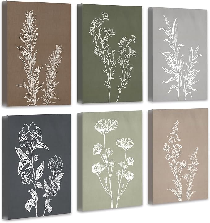 Drsoum Vintage Botanical Wall Art Framed Boho Wall Art Decor Wooded Minimalist Print Modern Rustic Farmhouse Home Kitchen Decor 12x16inx6pcs