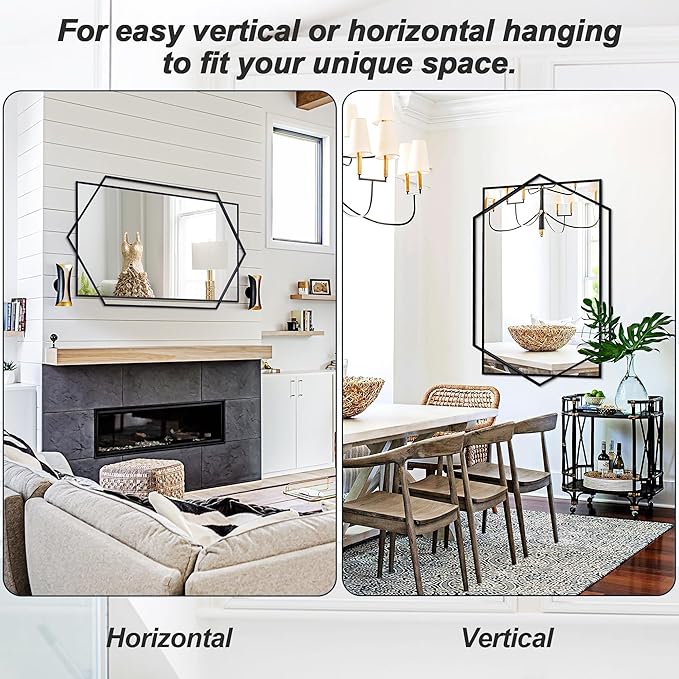 Black Decorative Mirror for Wall Decor, 32"x47" Modern Large Living Room Mirror with Hexagon and Rectangular Metal Frame for Bathroom, Entrance, Bedroom, Dining Room