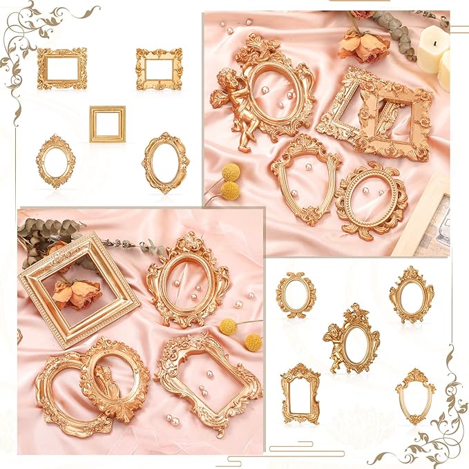 Yulejo 10 Pcs Vintage Gold Mini Frames Set, Baroque Victorian Ornate Decorative Frames for Gallery Wall Decor, DIY Jewelry Display, Antique Frame for Home, Wedding, Room, No Glass or Backing (Gold)