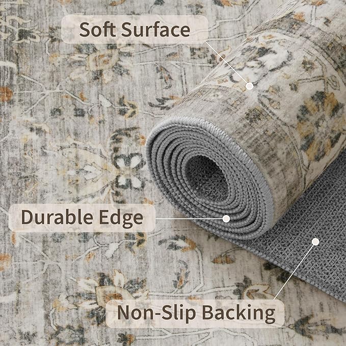 2x6 Washable Hallway Runner Rug - Kitchen Rugs with Non Slip Backing Vintage Soft Farmhouse Entryway Mat for Living Room Laundry Bedroom, Bathroom Ivory/Grey