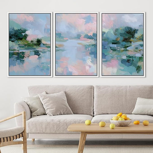 SIGNLEADER Framed Canvas Print Wall Art Set Soft Pastel Lake Landscape Illustrations Minimal Decorative Bohemian Nordic for Living Room, Bedroom, Office - 16"x24"x3 WHITE