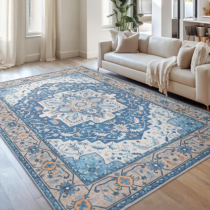 Lessymo 5x7 Area Rugs- Machine Washable Area Rugs, Super Soft Faux-Wool Area Rug for Living Room Bedroom, Boho Area Rug Vintage Floral Medallion Non-Slip Low Pile, Kid & Pet Friendly, Blue Brown