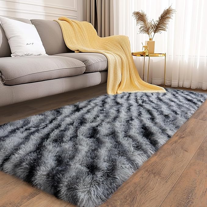 Soft Runner Rugs for Bedroom Hallways, 2x4 Black and White Fluffy Shag Throw Area Rug Non Slip for Bedside Dorm, Long Shaggy Furry Carpet for Nursery Living Room