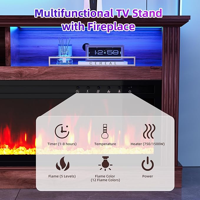 58" Fireplace TV Stand, TV Stand with 52" Fireplace, LED Light Entertainment Center with Storage Cabinets, Modern Media TV Console TV Table for Living Room, Brown