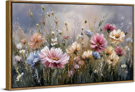 Colorful Pink Floral Wall Art Framed Bedroom Decor Abstract Nature Wildflower Picture Canvas Prints for Living Room Home Decorations, French Country Flower Painting Poster Farmhouse Artwork 30x57.8