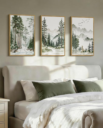 Drsoum Green Tree Forest Mountain Framed Wall Art Nature Landscape Prints Morden Wilderness Artwork Hallway Bedroom Ready to Hang 16x24in Natural Framed