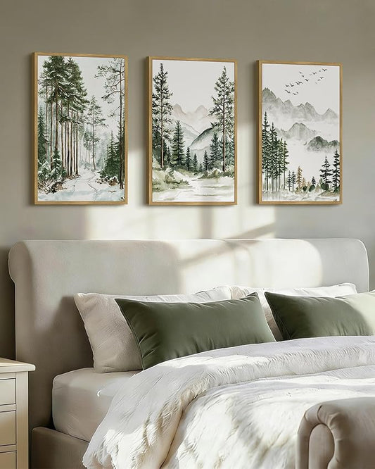 Drsoum Green Tree Forest Mountain Framed Wall Art Nature Landscape Prints Morden Wilderness Artwork Hallway Bedroom Ready to Hang 16x24in Natural Framed