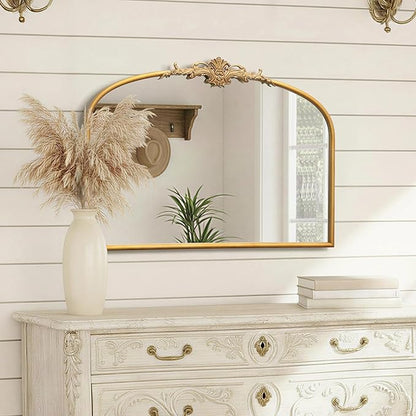 Besdomus Antique Arched Gold Mirror: 32"x24" French Large Gleaming Gold Antique Wall Mounted Mirror - Baroque Traditional Ornate for Fireplace/Bathroom/Bedroom - Wall Decor for Homemakers