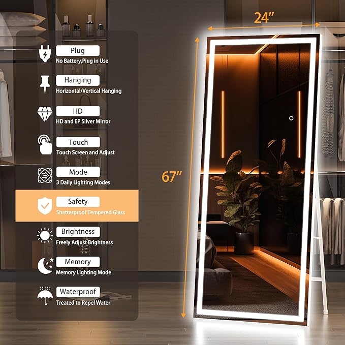 Hasipu Full Length Mirror with Lights, 67" x 24" LED Lighted Floor Standing, Full Body Dressing Hanging Mounted Mirror, Tempered Glass, Square White