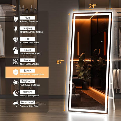 Hasipu Full Length Mirror with Lights, 67" x 24" LED Lighted Floor Standing, Full Body Dressing Hanging Mounted Mirror, Tempered Glass, Square White