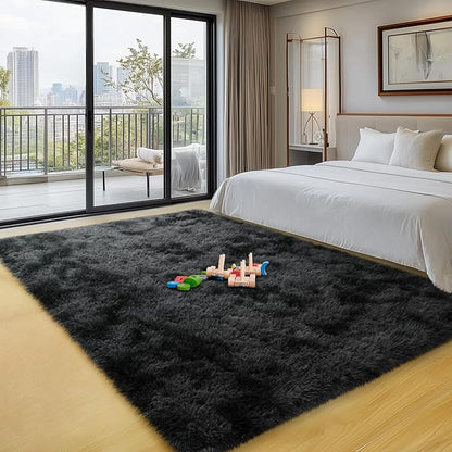 qulint 5x7 Area Rug for Living Room, Soft Shag Fluffy Rug for Bedroom Plush Large Carpet for Nursery, Shaggy Fuzzy Modern Carpet for Boys and Girls Dorm Home Decor (5ft x 7ft, Tie-Dyed Black Grey)