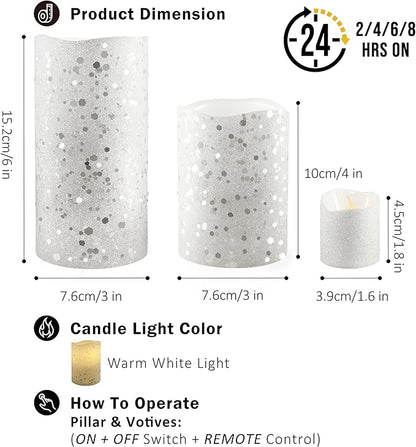 FURORA LIGHTING White Glitter Real Wax Flameless LED Candles with Remote & Timer (2/4/6/8 H), Battery Operated for Safety and Elegance, Pack of 8