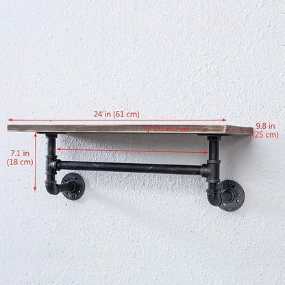 MBQQ 1 Tier Shelving Bathroom Pipe Shelves with Towel Bar Over Toilet, 24 inch Pine Wood Floating Shelves for Wall Mounted Bedroom,Kitchen, Farmhouse, Living Room