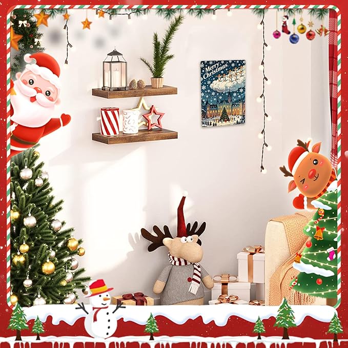 Vintage Christmas Metal Wall Decor Decorations Outdoor Yard Signs- 12x8 Inches Angel Trumpet & Illuminated Castle Scene Sign for Home Kitchen Holiday Wall Decor Outdoor Gathering Spaces Tables Office Wall Shelf Desk Shelf Mantel.