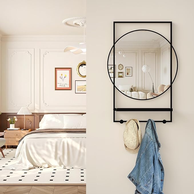 28 x20 Inch Entryway Mirror with Hooks, Bathroom Mirror with Shelf, Rectangular Frame Round Wall Mirror with Shelf and Hooks, Vanity Mirror Decorative for Wall