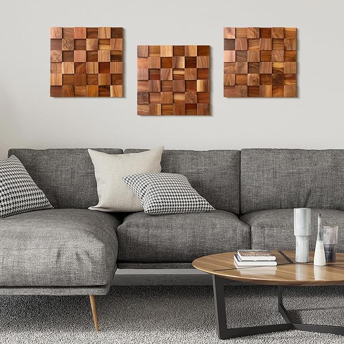 RattanView 3 Pcs 3D Wood Wall Art 11.8'' x 11.8'' Rugged Mosaic Wood Wall Decor Rustic Block Wooden Wall Art Vintage Brick Carved Wall Art for Living Room Bedroom Aesthetic, Ready to Hang