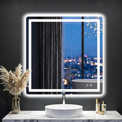 LED Bathroom Mirror with Lights - Anti-Fog, Dimmable, Backlit+Frontlit, 3 Color Light - 30"x30" Lighted Vanity Mirrors for Wall, Shatterproof Tempered Glass, Memory Function