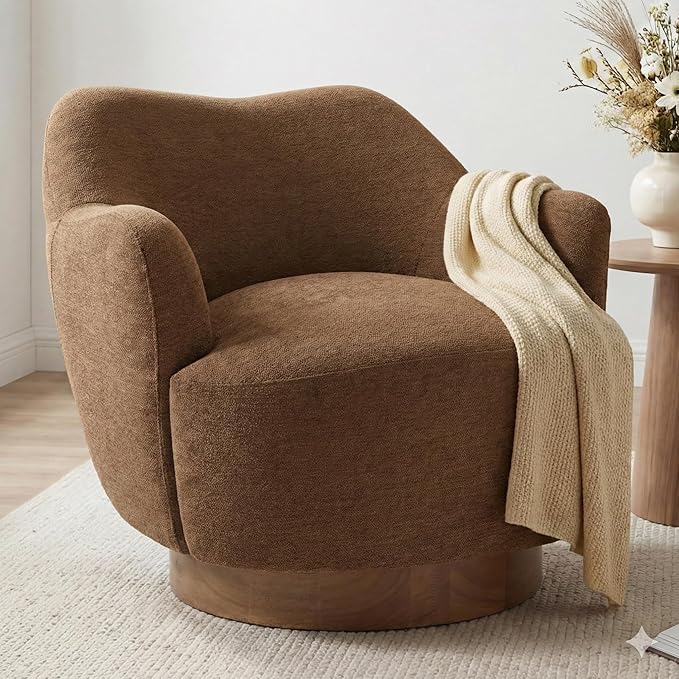 Swivel Accent Chair,Upholstered Barrel Chair with Curves Camel Back Design,Modern Arm Chair with Wooden Base for Living Room Bedroom Reading Waitingroom,Terracotta