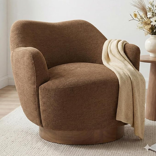 Swivel Accent Chair,Upholstered Barrel Chair with Curves Camel Back Design,Modern Arm Chair with Wooden Base for Living Room Bedroom Reading Waitingroom,Terracotta