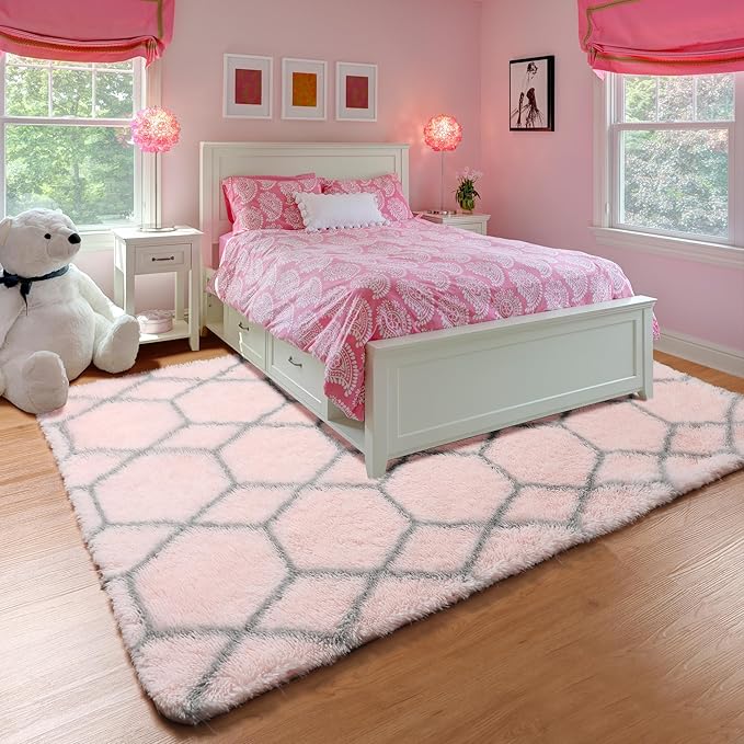 ONASAR 6x9 Area Rugs for Living Room Bedroom, Large Fluffy Pink and Grey Throw Rug, Geometric Soft Plush Shaggy Fuzzy Floor Carpet for Nursery Kids Girls Boys Teen Dorm Home Office Decor