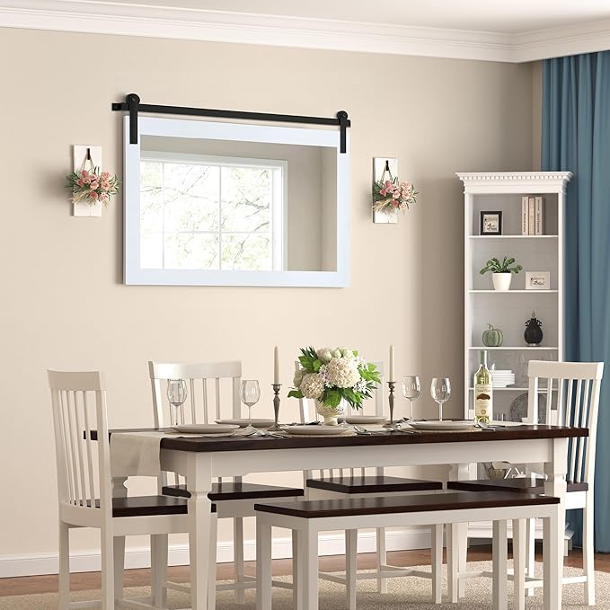 COGOOD Farmhouse Barn Door Mirror - 41" x 26" Rustic Wood Framed Mirror for Bathroom, Living Room, Entryway Wall Decor (Pure White)
