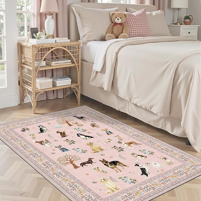 Area Rug 4x6 Pink Rug, Washable Dog Rugs Non Slip Low Pile Floral Small Carpet for Bedroom, Bedside, Kids Room, Office, Dining Room