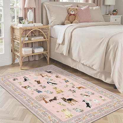 Area Rug 4x6 Pink Rug, Washable Dog Rugs Non Slip Low Pile Floral Small Carpet for Bedroom, Bedside, Kids Room, Office, Dining Room