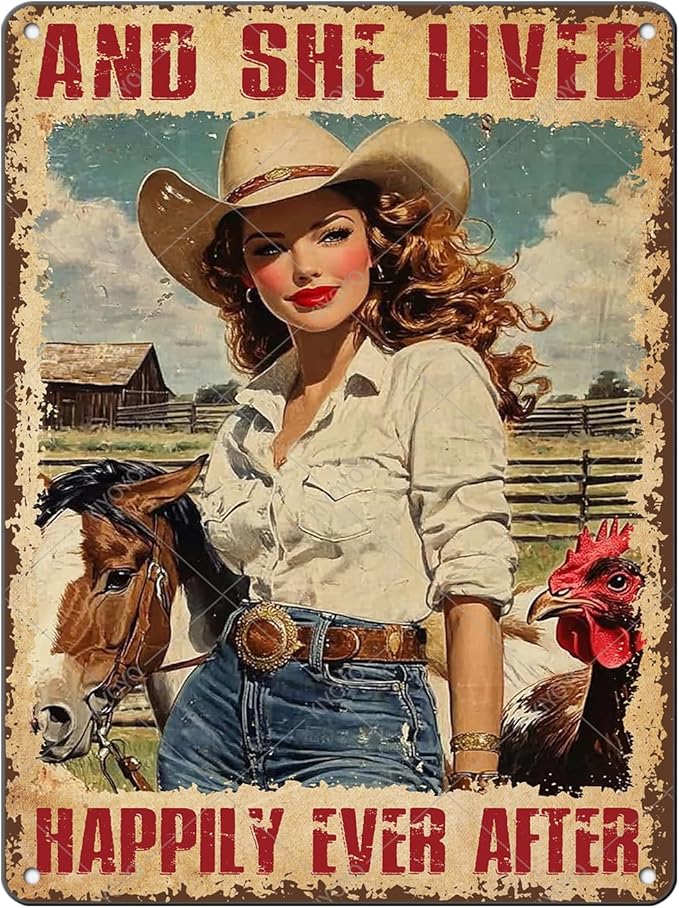 Cowgirl Vintage Tin Sign And She Lived Happily Ever After Funny Horse and Chicken Iron Painting Poster Wall Decor for Home Bar Club Coffee Shop 16x12 Inch