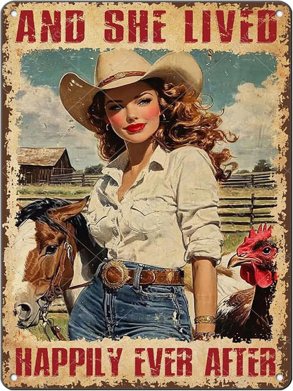Cowgirl Vintage Tin Sign And She Lived Happily Ever After Funny Horse and Chicken Iron Painting Poster Wall Decor for Home Bar Club Coffee Shop 16x12 Inch