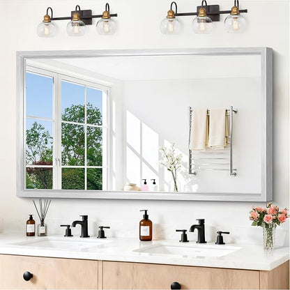 60x36 Inch Brushed Silver Bathroom Mirror, Large Rectangular Mirror for Wall, 0.6" Thickened Deep Frame Mirrors for Bathroom Sink, Shatterproof Tempered Glass, Antirust, Horizontally/Vertically