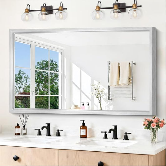 60x36 Inch Brushed Silver Bathroom Mirror, Large Rectangular Mirror for Wall, 0.6" Thickened Deep Frame Mirrors for Bathroom Sink, Shatterproof Tempered Glass, Antirust, Horizontally/Vertically