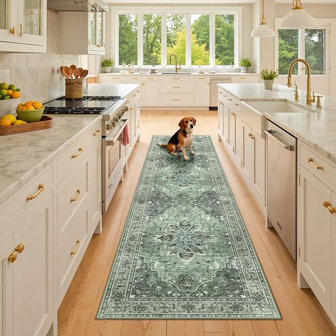 RELEANY Area Rugs 2'6"x8' Runner Rug Non Slip Washable for Kitchen Hallway Bedroom Beside Laundry Room Bathroom Rug, Floor Carpet, Dark Green Gray