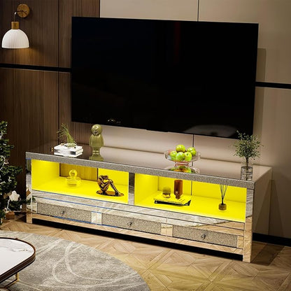 COSVALVE Silver Mirrored TV Stand for TVs Up to 65 Inches, LED TV Stand Modern Entertainment Center with Drawers & Open Storage, TV Console Table for Living Room, Game Room (Fully Assembly)