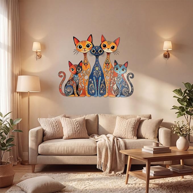 Wesiti Cat Wall Art Decor Iron Wall Sculptures Decor for Cats Lover 10.6 x 15.7 Inches Colorful Retro Mid Century Cat Signs for Home Living Room Bedroom Kitchen Office(Stylish)