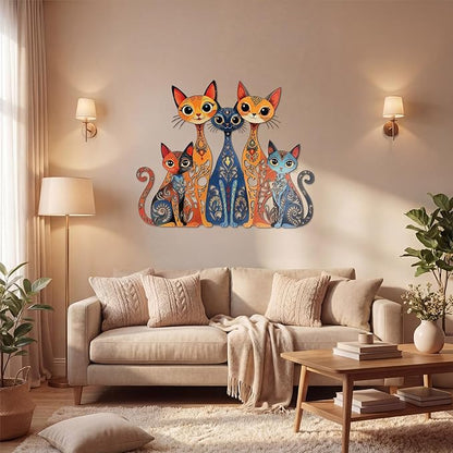 Wesiti Cat Wall Art Decor Iron Wall Sculptures Decor for Cats Lover 10.6 x 15.7 Inches Colorful Retro Mid Century Cat Signs for Home Living Room Bedroom Kitchen Office(Stylish)